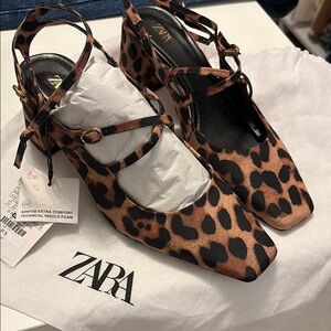 Zara Brown and Black Flats with Leopard Print